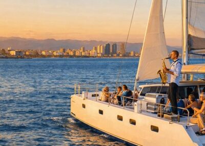 Vista de un atardecer dorado desde un barco navegando por la costa de Barcelona con TiToTravel.