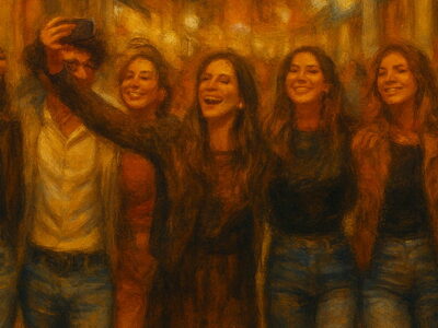 Grupo de jóvenes caminando por una calle iluminada de Valencia durante un pub crawl nocturno, rodeados de bares y ambiente festivo.