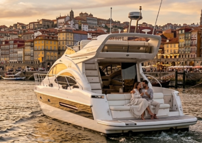 Pareja disfrutando de un paseo romántico en yate por el río Duero con vistas a la Ribeira de Oporto al atardecer