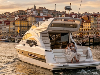 Pareja disfrutando de un paseo romántico en yate por el río Duero con vistas a la Ribeira de Oporto al atardecer