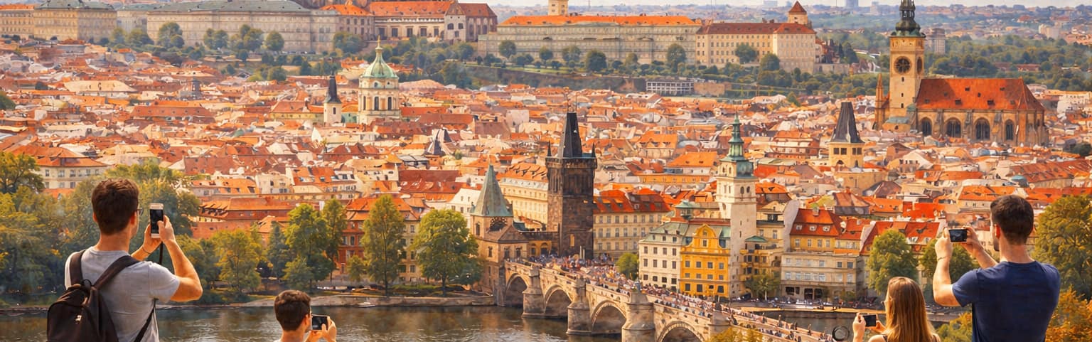 Vista panorámica de Praga con el Puente Carlos y el Castillo al fondo durante el atardecer.