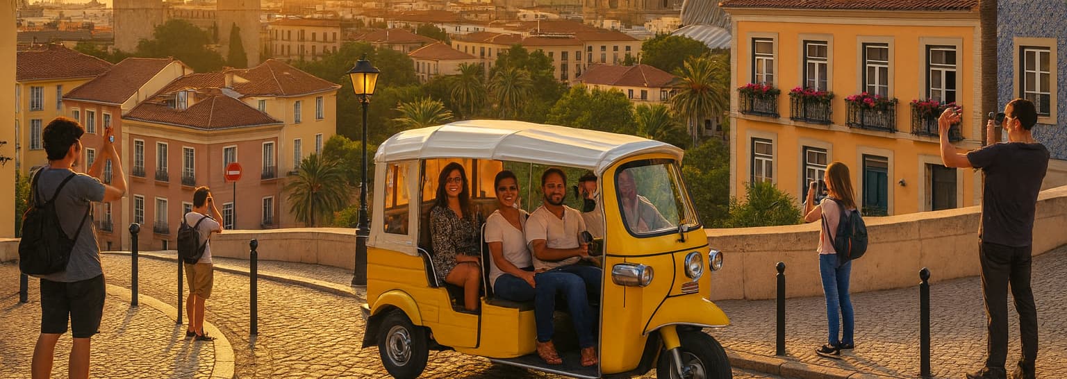 Tuk Tuk eléctrico amarillo recorriendo las inmediaciones de la Ciudad de las Artes y las Ciencias en Valencia.