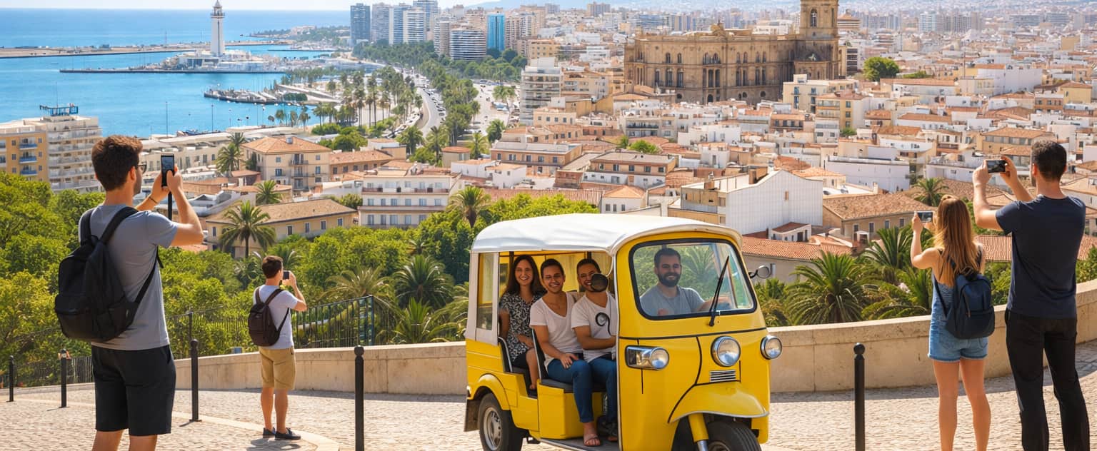 Turistas recorriendo el Paseo del Parque de Málaga frente al Ayuntamiento en un Tuk Tuk eléctrico.