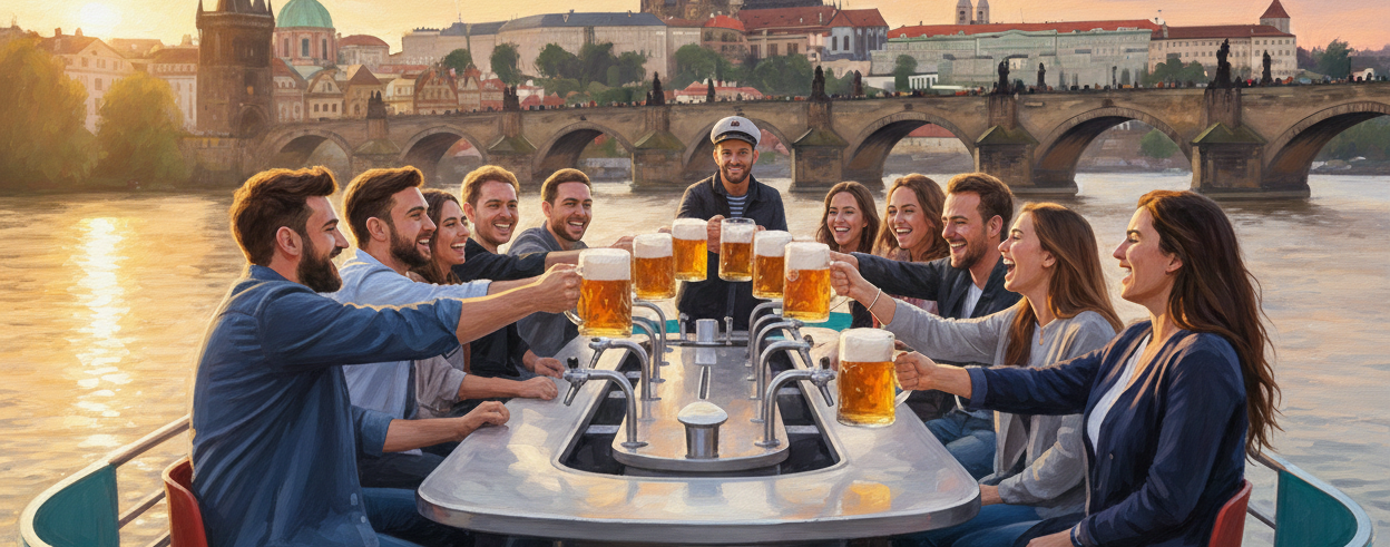 Grupo de amigos celebrando en el beer bike acuático de Praga sobre el río Moldava con el Castillo de Praga al fondo.