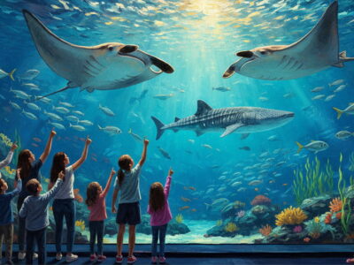 Familia disfrutando del tanque central del Oceanário de Lisboa con tiburones y mantarrayas.