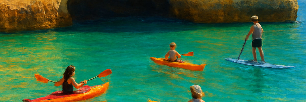 Turistas disfrutando de una ruta en kayak dentro de la Cueva de Benagil con la gestión de TiToTravel.