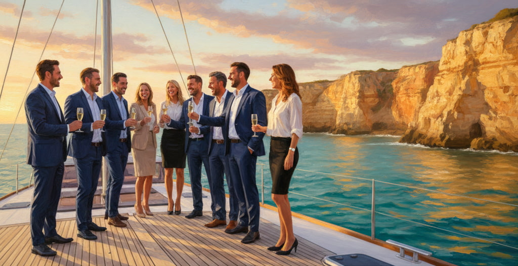 Equipo de empresa disfrutando de un crucero privado por la costa de Albufeira durante un viaje de incentivo.