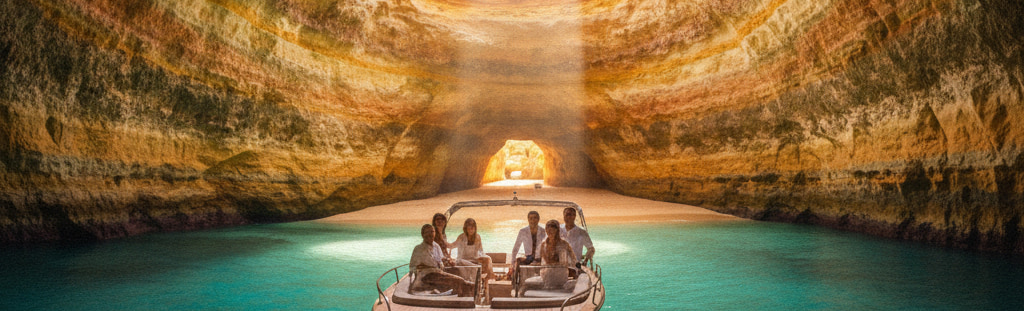 Barco privado navegando hacia la Cueva de Benagil en el Algarve portugués, estilo lienzo artístico para TiToTravel.