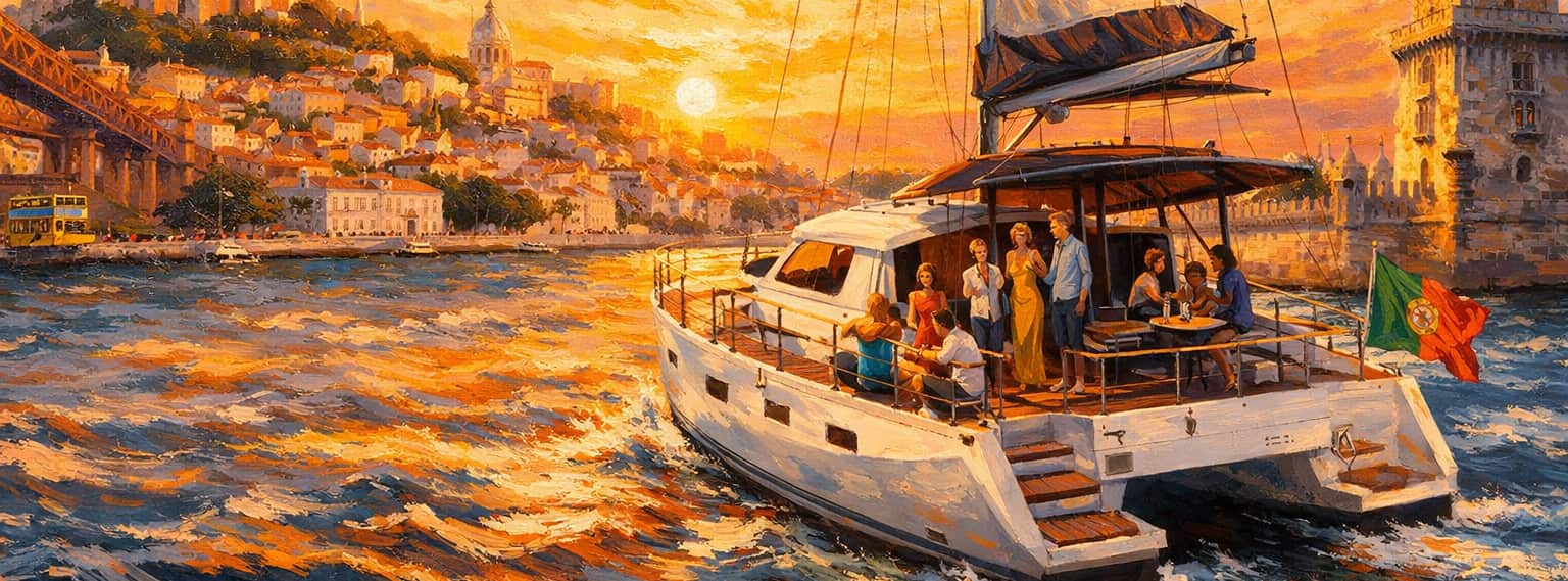 Grupo de amigos disfrutando en un catamarán privado navegando por el río Tajo al atardecer en Lisboa con TiToTravel.