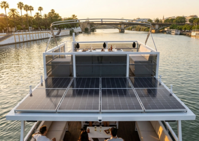 Vista trasera de un catamarán solar moderno en el río Guadalquivir, destacando sus paneles fotovoltaicos y diseño de vanguardia.
