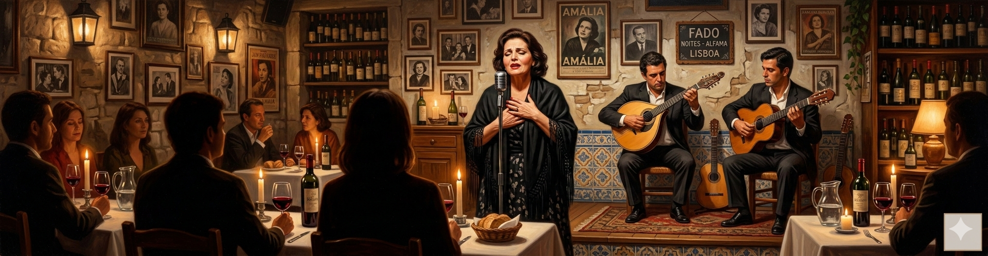 Cantante de fado y músicos con guitarra portuguesa durante una cena tradicional en una taberna de Alfama en Lisboa con TiToTravel.