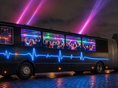 Autobús party iluminado con luces LED recorriendo Praga durante la noche