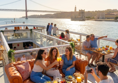Personas disfrutando de un brunch en un barco turístico con vistas al puente 25 de Abril y la Torre de Belém en Lisboa.