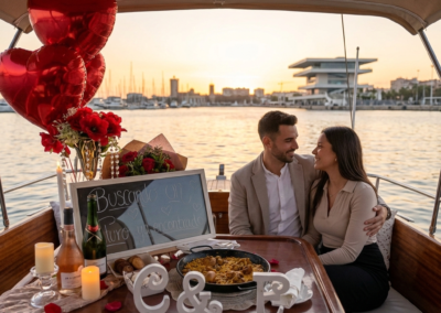 Pareja disfrutando de una cena romántica en barco privado en Valencia al atardecer.