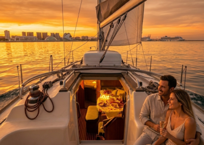 Pareja disfrutando del atardecer en un barco privado en Valencia.