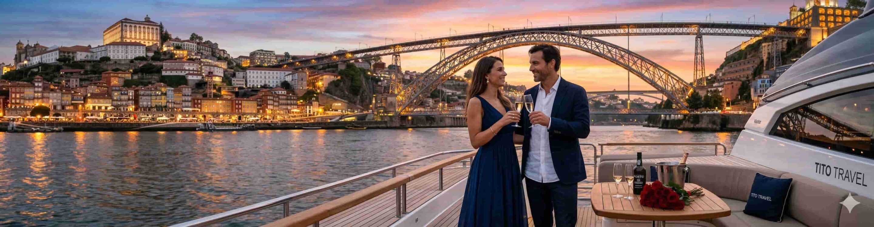 Pareja brindando con champán en un yate de lujo en Oporto al atardecer frente al Puente Don Luis I, plan romántico TiToTravel.
