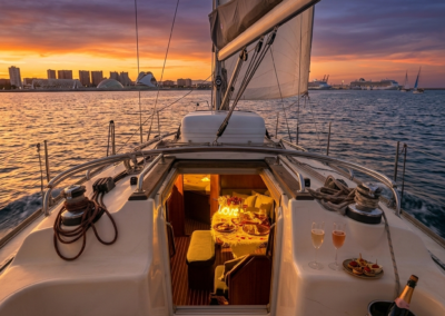 Cena romántica preparada en un barco privado en Valencia al atardecer