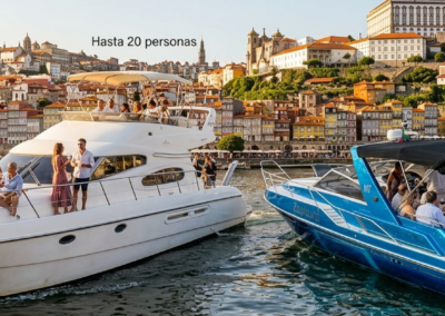Dos yates de lujo en Oporto mostrando opciones de crucero para 10 y 20 personas en el río Duero