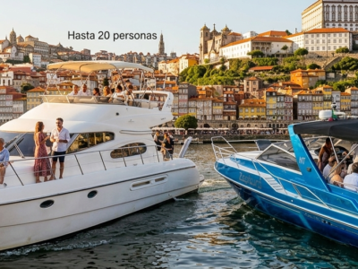 Dos yates de lujo en Oporto mostrando opciones de crucero para 10 y 20 personas en el río Duero