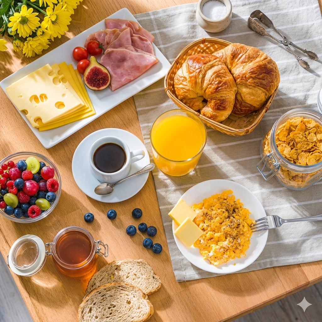 Desayuno con huevos, croissants, fruta, café y zumo servido en mesa