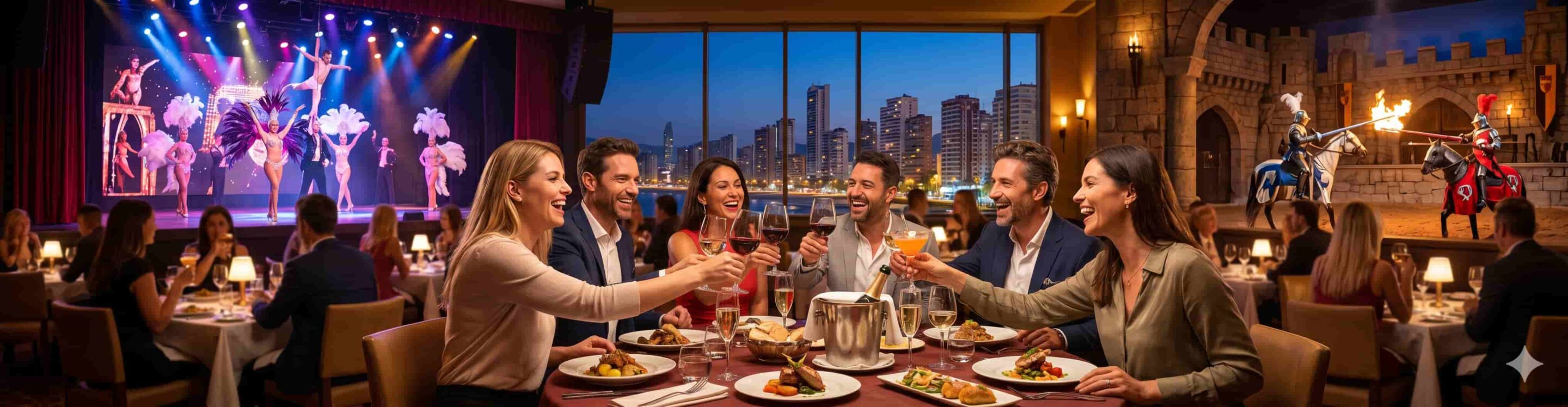 Grupo de amigos brindando en una cena VIP con espectáculo en Benidorm - TiToTravel.