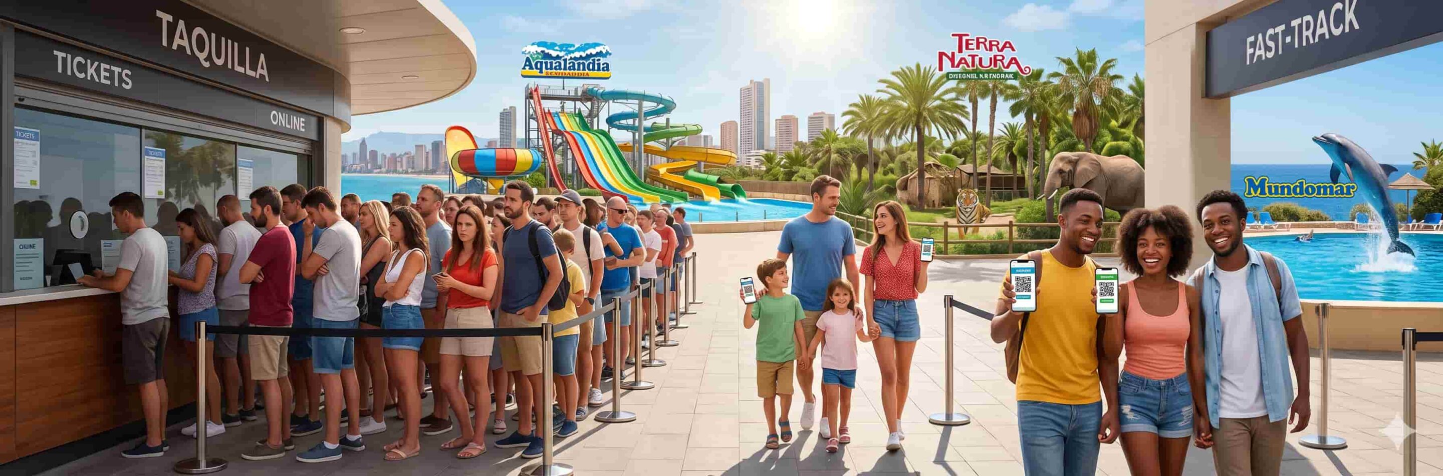 Familia saltándose la cola en la entrada de Aqualandia Benidorm - TiToTravel.