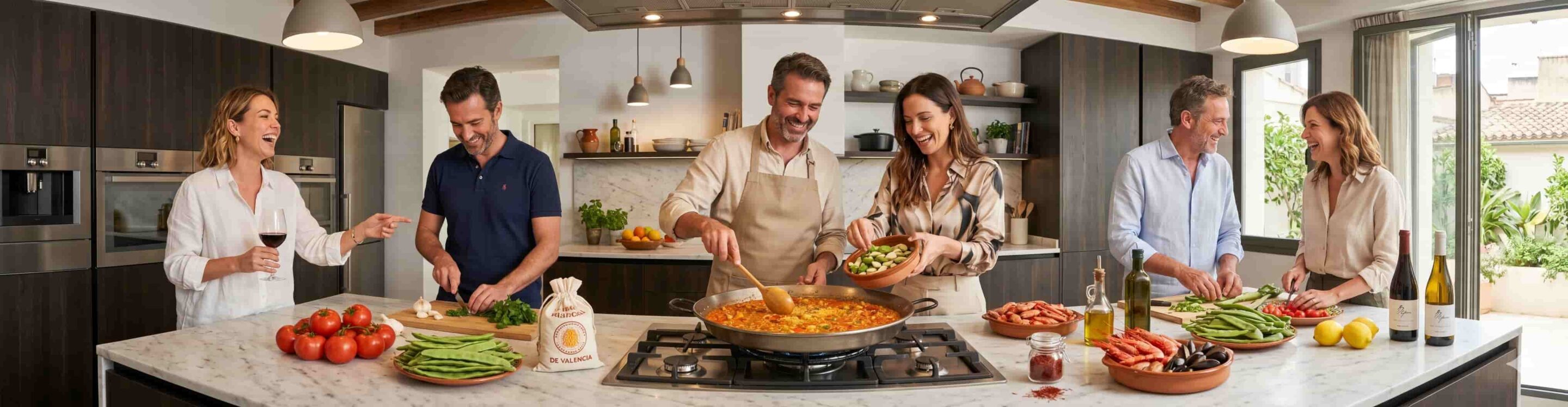 Grupo selecto disfrutando de un taller de paella premium en Valencia - TiToTravel.