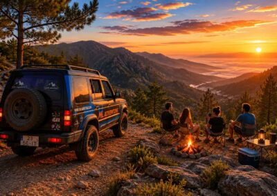 Vehículo 4x4 contemplando un espectacular atardecer sobre montañas y nubes en una ruta de aventura.
