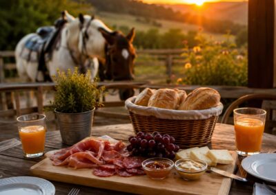 Desayuno rural con embutidos, queso, pan y zumo de naranja en una terraza de madera con un caballo de fondo al atardecer.