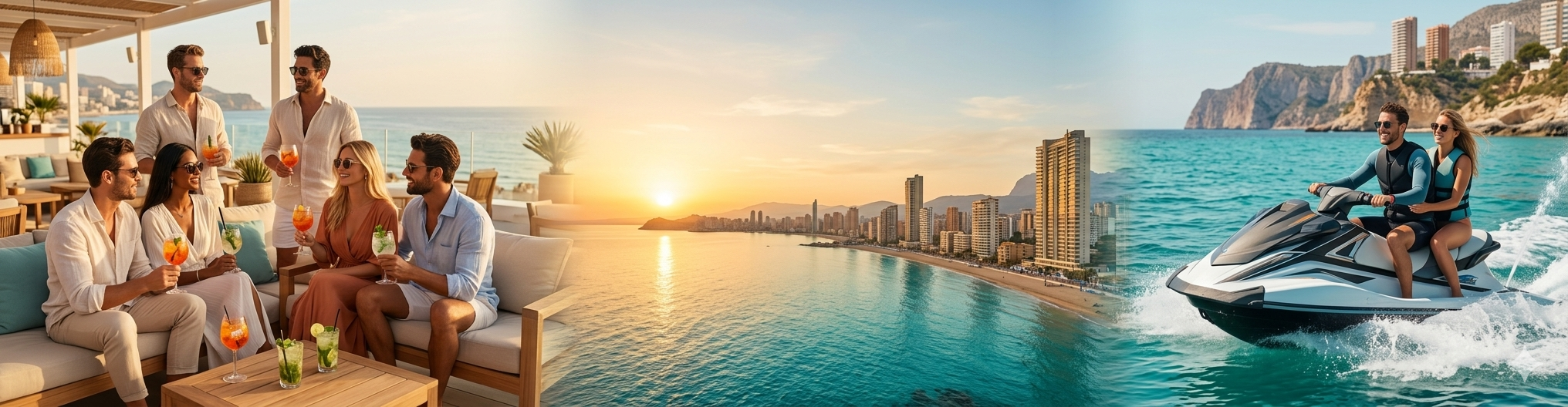 Grupo disfrutando de cócteles y jet ski frente a la costa de Benidorm al atardecer
