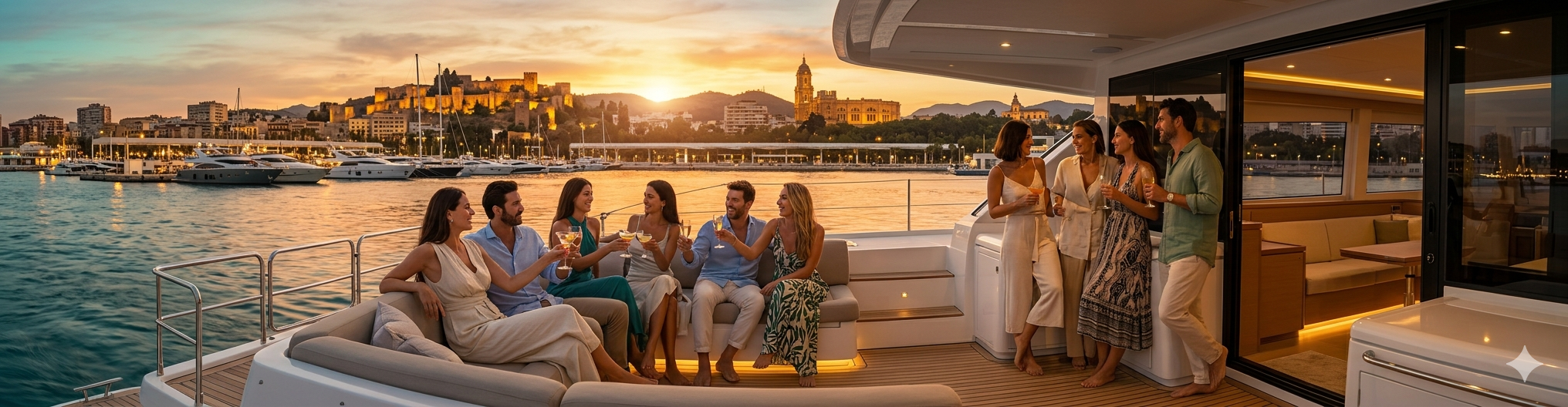 Grupo disfrutando de un catamarán de lujo al atardecer en el puerto de Málaga con vistas a la Alcazaba y la catedral