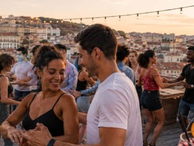 Clase de salsa Lisboa en rooftop con parejas bailando y sangría incluida con TiToTravel