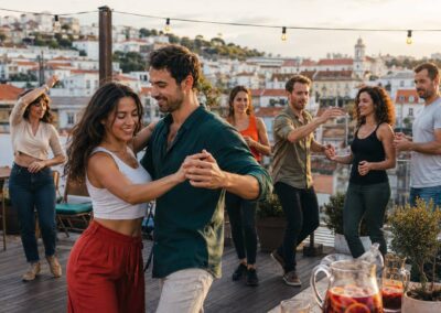 Clases de salsa Lisboa en rooftop con parejas bailando y sangría con TiToTravel