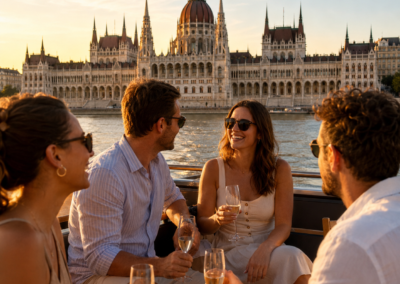 Grupo disfrutando de un crucero Danubio Budapest con vistas al Parlamento húngaro al atardecer | TiToTravel