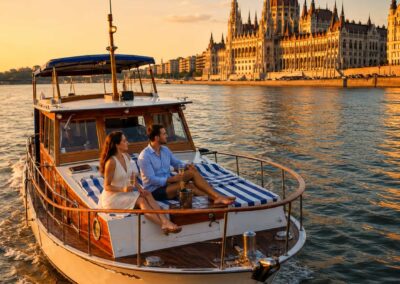 Pareja disfrutando de un crucero privado por el Danubio frente al Parlamento de Budapest | TiToTravel