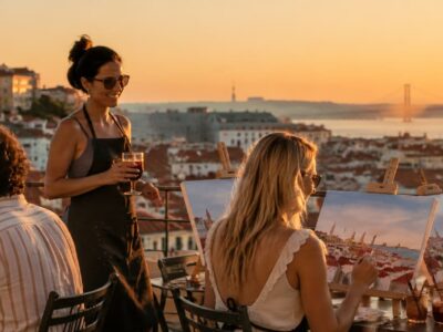 Pintura al atardecer en Lisboa en una azotea con vistas al río Tajo