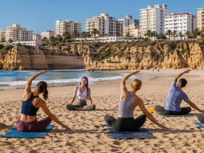 Yoga Portimão en la playa de Praia da Rocha con clase matinal frente al mar con TiToTravel