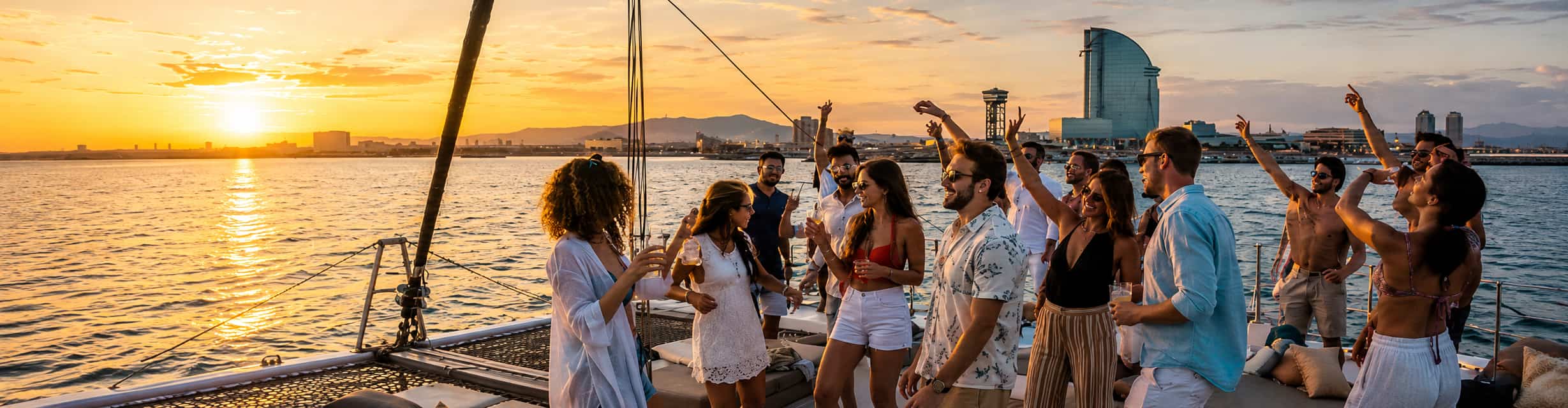 Grupo disfrutando de una fiesta en catamarán al atardecer frente al skyline de Barcelona · TiToTravel