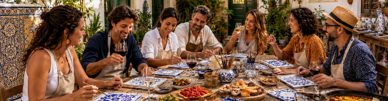 Grupo disfrutando talleres creativos con azulejos, tapas y paella en ambiente mediterráneo para experiencias en Lisboa, Sevilla y Valencia | TitoTravel